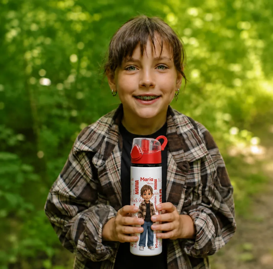 A child holding their personalised Kattie water bottle in the woods