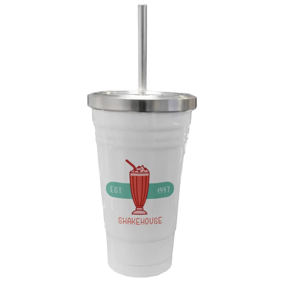 16oz Stainless Steel Tumbler with Straw - White