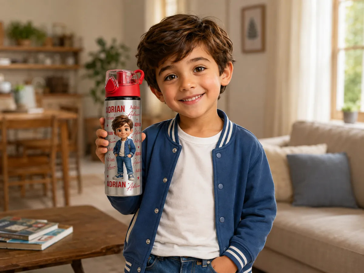 Silver Water Bottle with Red Flip Lid, personalised home lifestyle example