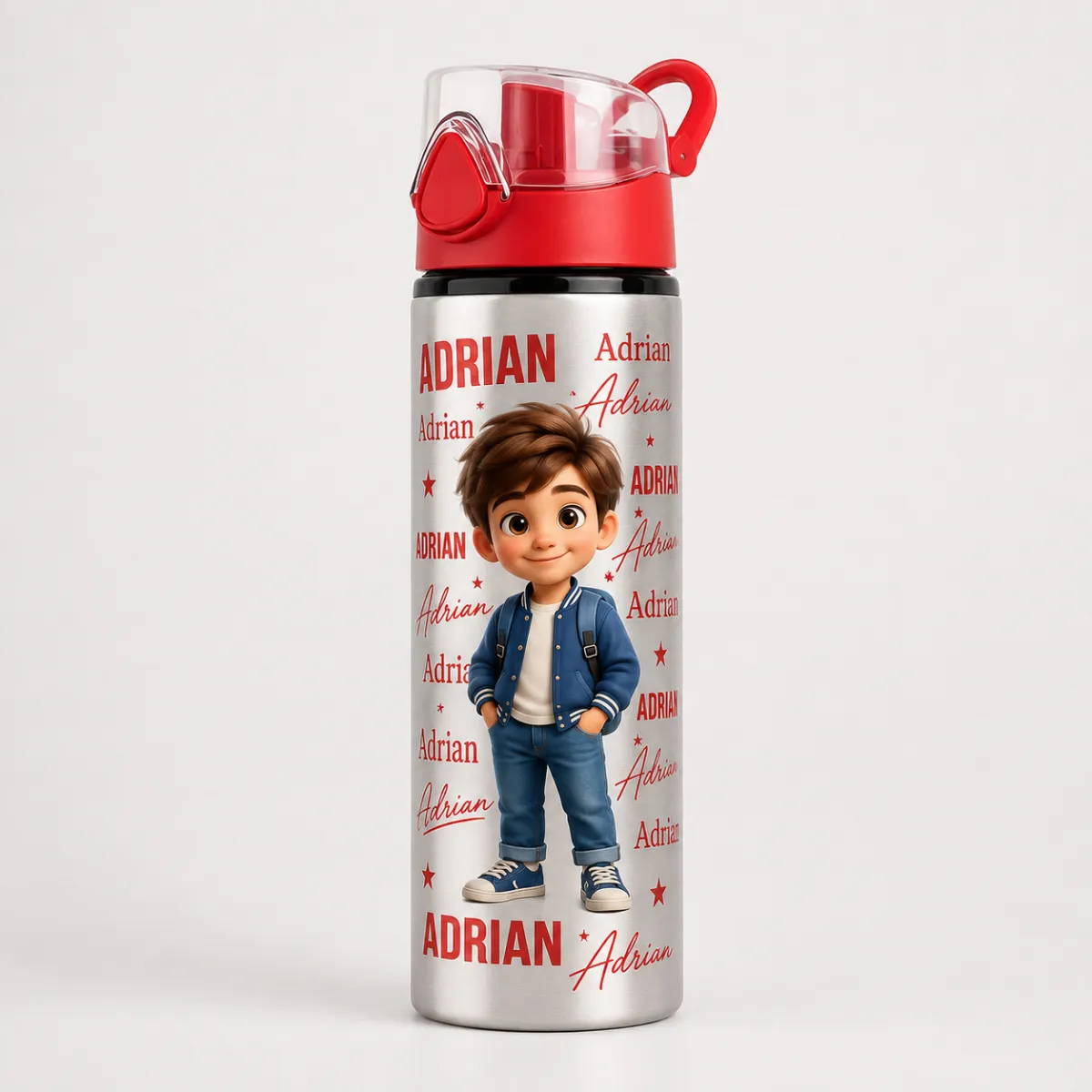 Silver Water Bottle with Red Flip Lid, personalised product example