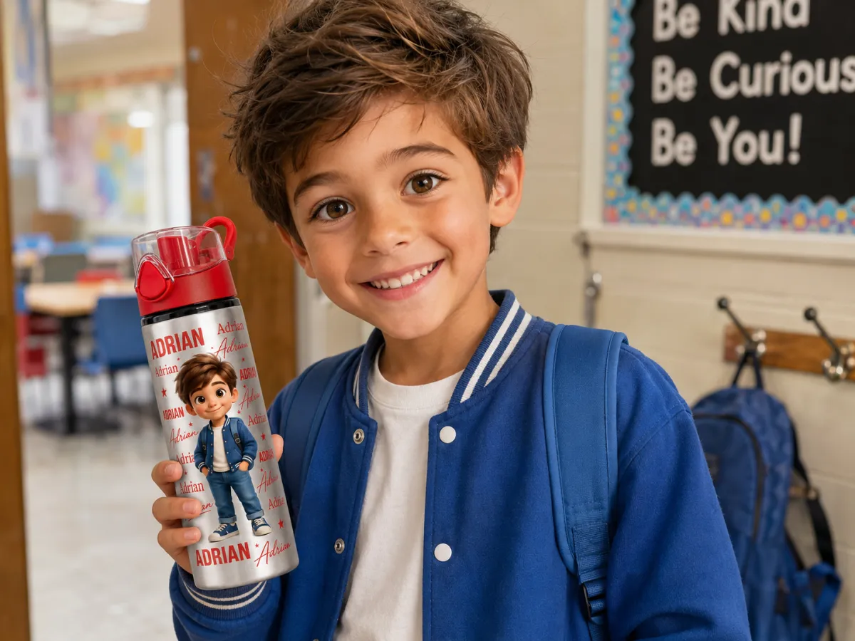 Silver Water Bottle with Red Flip Lid, personalised school lifestyle example