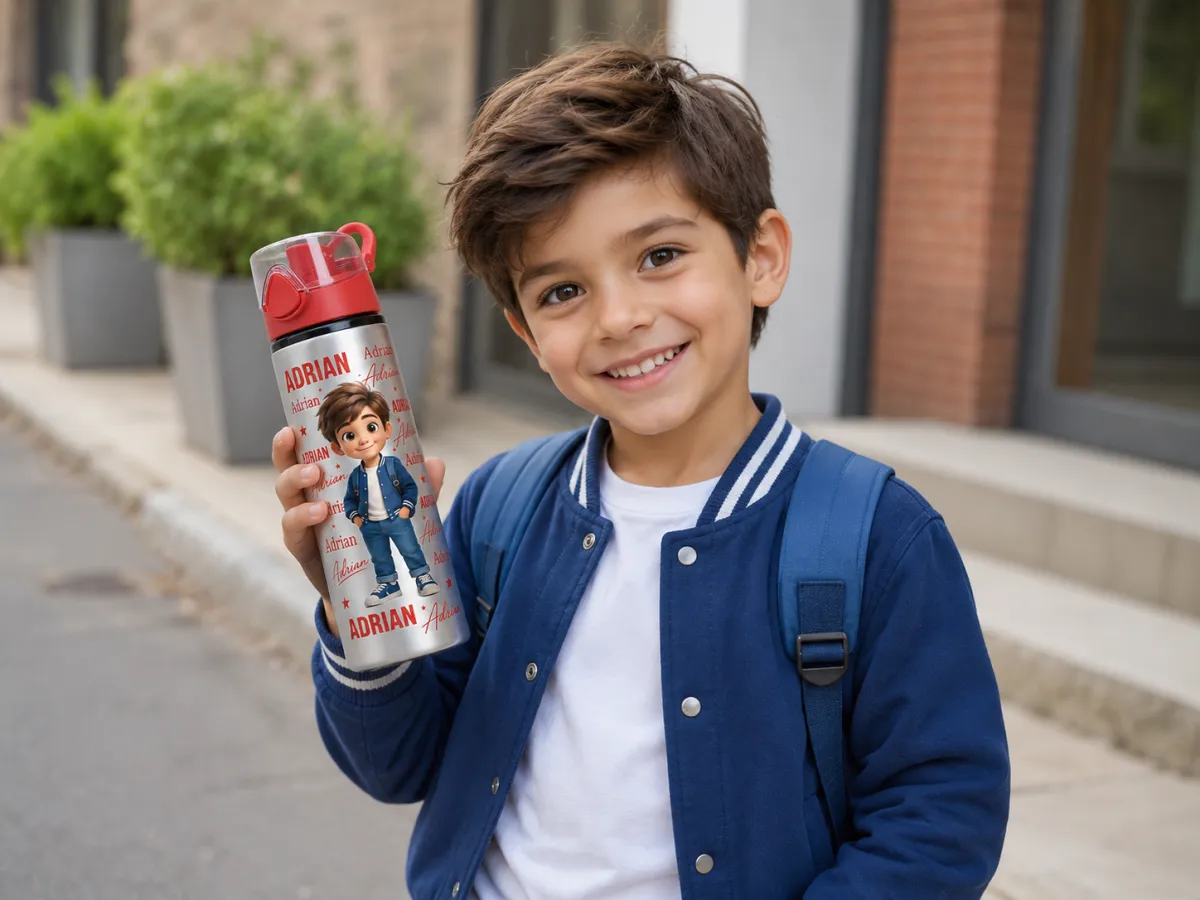 Silver Water Bottle with Red Flip Lid, personalised outdoor lifestyle example