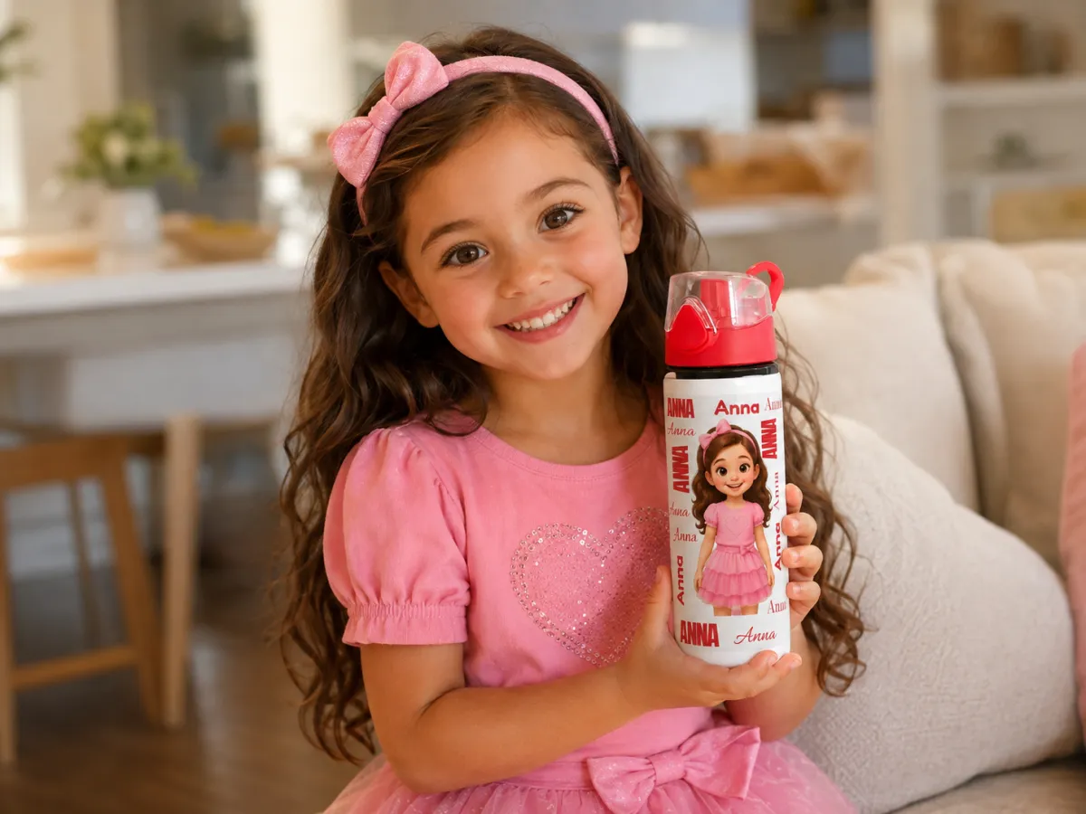 White Water Bottle with Red Flip Lid, personalised home lifestyle example