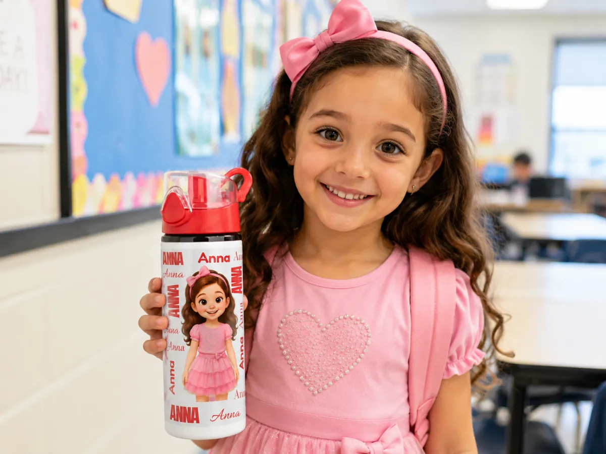 White Water Bottle with Red Flip Lid, personalised school lifestyle example